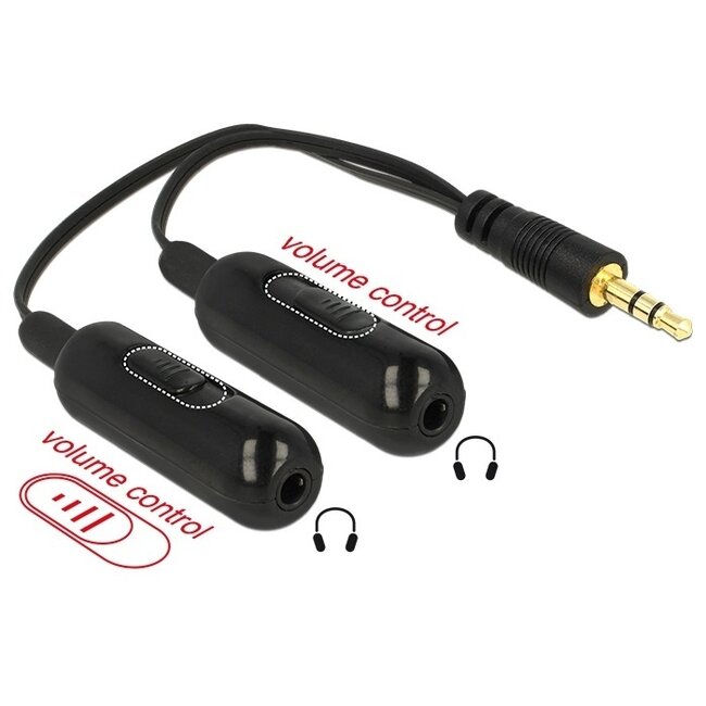 3,5mm Klinke auf 2x 3,5mm Stereo Audio Splitter mit Lautstärkeregler / Schwarz - 0,20 m