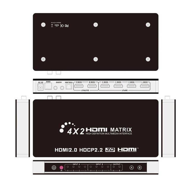 HDMI Matrix Umschalter 4x2 mit Toslink + 3,5mm Ausgang - Version 1.4 (4K 30Hz)