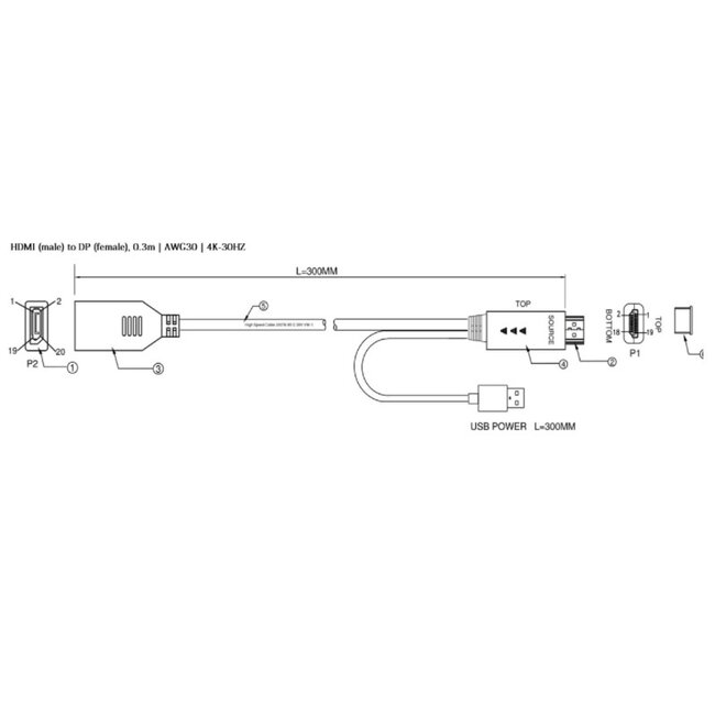 Aktiver HDMI (m) zu DisplayPort (w) Adapter - HDMI 1.4 / DP 1.2 (4K 30Hz) - USB-A Stromversorgung - 0,30 m - Schwarz
