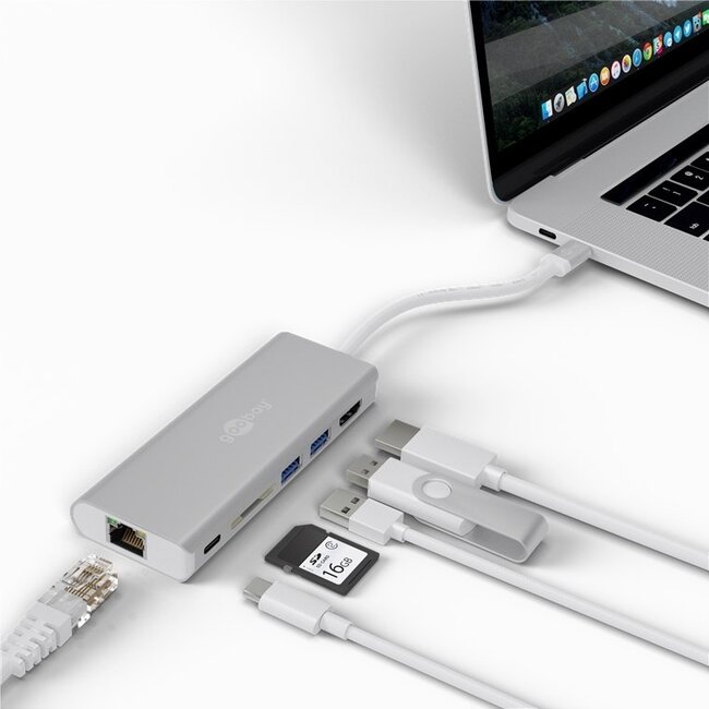 Goobay USB-C auf HDMI 4K 30Hz, 2x USB-A, USB-C PD 100W, RJ45 & SD Adapter Aluminium - 0,15 m