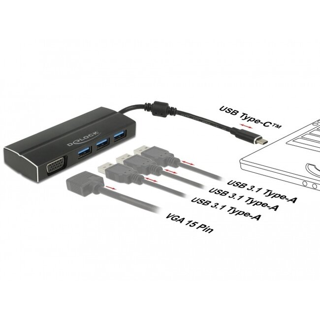 Premium USB-C-auf-VGA Adapter mit 3-Port USB Hub und DP Alt Mode (1920 x 1200) / Schwarz - 0,15 m