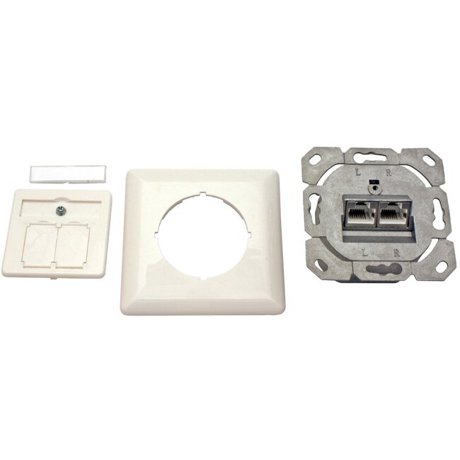 CAT6a Gigabit Netzwerk Einbau-Wanddose mit Abdeckplatte und 2 RJ45 Buchsen - geschirmt - horizontaler Durchgang / weiß