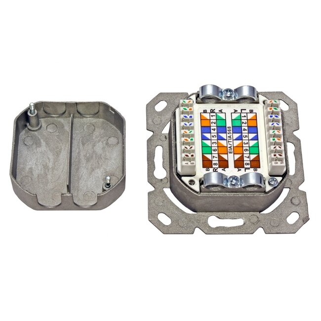 CAT6a Gigabit Netzwerk Einbaudose mit Abdeckplatte und 2 RJ45 Buchsen - geschirmt - vertikale Kabelführung / weiß