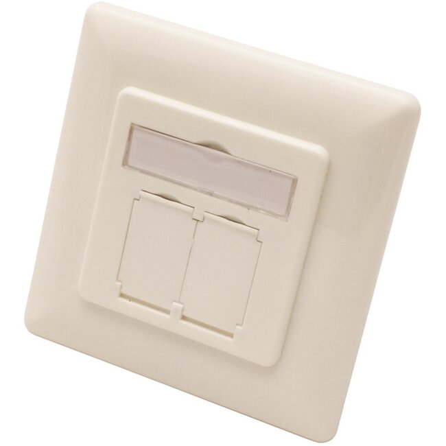 CAT6a Gigabit Netzwerk Einbaudose mit Abdeckplatte und 2 RJ45 Buchsen - geschirmt - vertikale Kabelführung / weiß