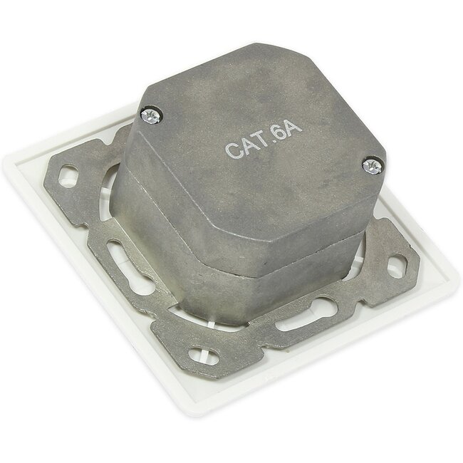 Premium CAT6a Gigabit Netzwerk Einbau-Wanddose mit Abdeckplatte und 2 RJ45 Buchsen - geschirmt / weiß
