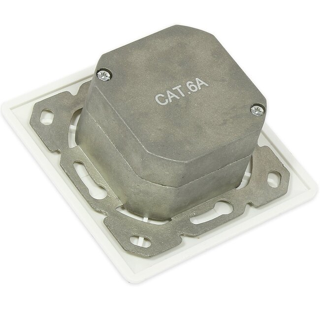Premium CAT6a Gigabit Netzwerk Einbaudose mit Abdeckplatte und 2 RJ45 Buchsen - geschirmt / Elfenbein