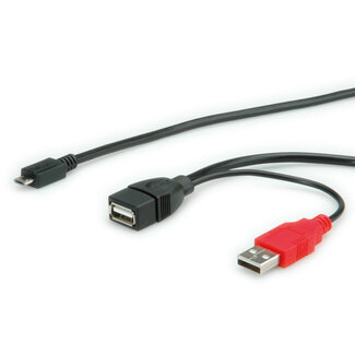 Roline USB Micro B (m) auf USB-A (w) OTG Adapter mit USB-A (m) Stromversorgung - USB 2.0 - bis 1A / Schwarz - 1 Meter