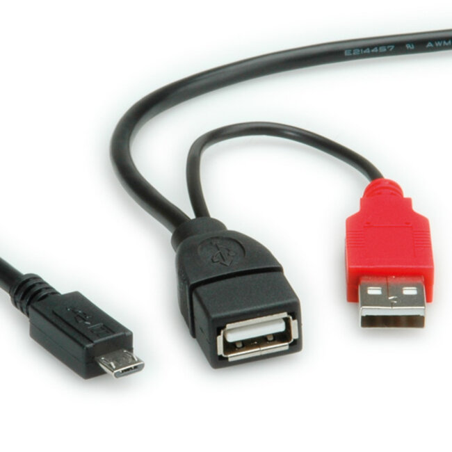 USB Micro B (m) auf USB-A (w) OTG Adapter mit USB-A (m) Stromversorgung - USB 2.0 - bis 1A / Schwarz - 1 Meter