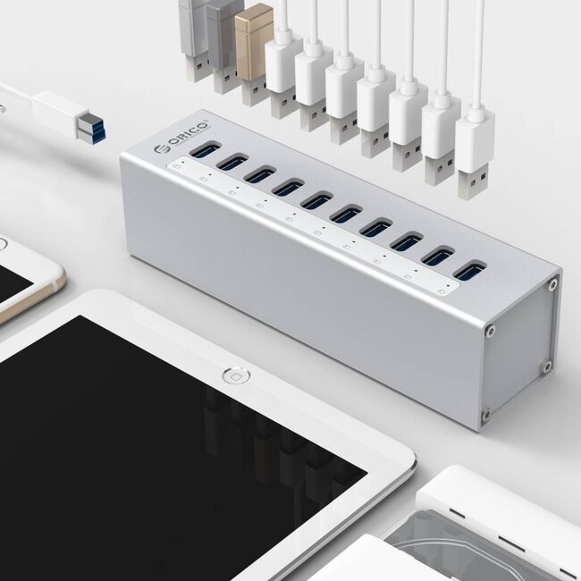 Orico USB 3.0 Hub mit 10 Ports – externes 12V Netzteil – Aluminium – 1 Meter