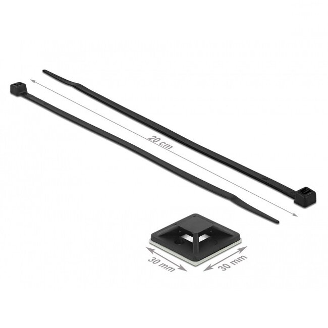 Kabelbinder 200 x 4,8 mm (10 Stück) mit selbstklebenden Haltern (10 Stück) / schwarz