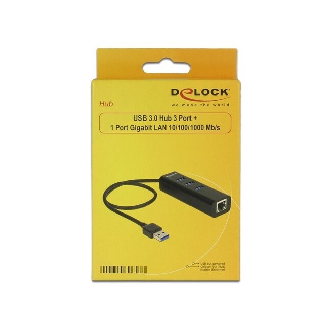DeLOCK USB-zu-RJ45 Gigabit LAN Adapter mit USB 3.0 Hub – 0,35 m