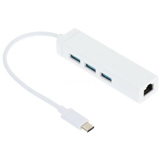 Coretek USB-C auf 3x USB-A Hub & Fast Ethernet LAN Adapter - USB3.0 - CAT5 / Weiß - 0,15 m