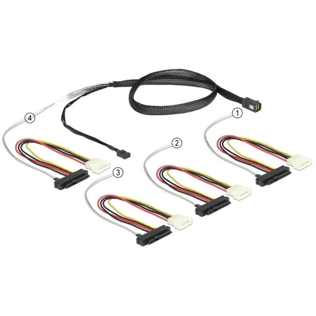 Mini-SAS HD SFF-8643 auf 4x SAS SFF-8482 + 4x Molex mit Sideband - 0,50 m