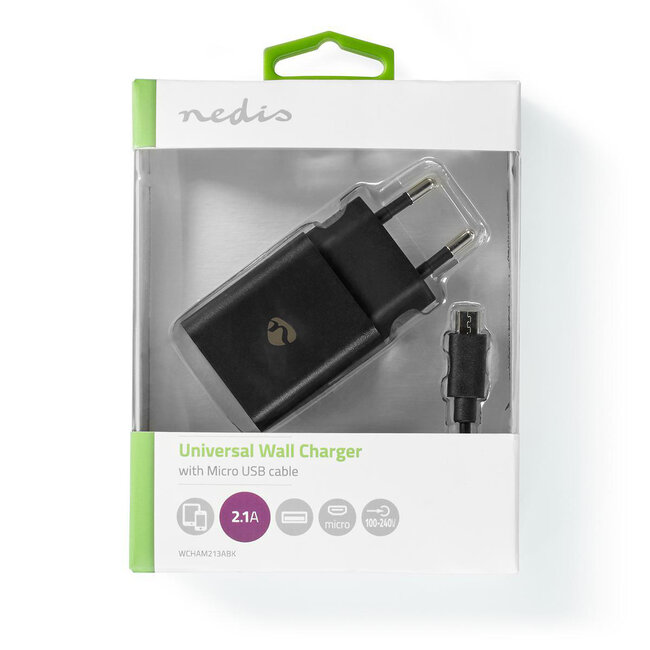 Nedis USB-A Heimladegerät mit 1 Port und abnehmbarem USB Micro B Kabel - 2,1A / Schwarz - 1 Meter