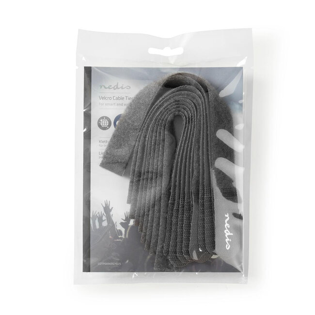 Nedis Klettkabelbinder 250 x 20 mm Grau (10 Stück)