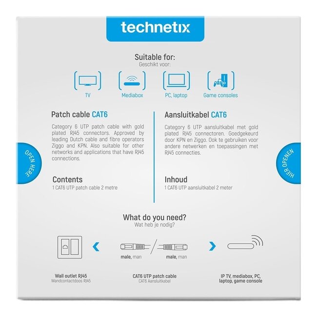 Technetix U/UTP CAT6 Gigabit Netzwerkkabel Weiß - 2 Meter