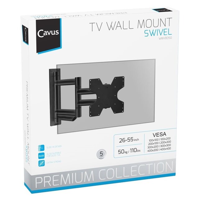 Cavus Premium Full-Motion Wandhalterung für Bildschirme bis 65 Zoll / 3 Drehpunkte - schwarz beschichteter Stahl