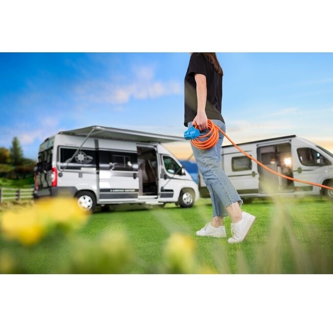 Camping-Stromkabel CEE 3-pol (m) - CEE 3-pol (w) + Schuko CEE 7/3 (w) - 3x 2,5mm² - 25m Orange
