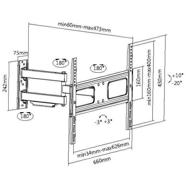 My Wall Full-Motion Wandhalterung für Bildschirme bis 70 Zoll, 3 Drehpunkte, Schwarz