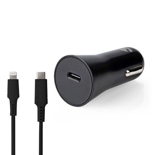 Nedis Auto-Ladegerät mit 1 USB-C PD Port und abnehmbarem 8-Pin Lightning-USB-C Kabel – 20W, Schwarz, 1 Meter