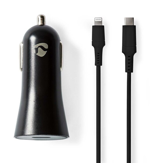 Nedis Auto-Ladegerät mit 1 USB-C PD Port und abnehmbarem 8-Pin Lightning-USB-C Kabel – 20W, Schwarz, 1 Meter