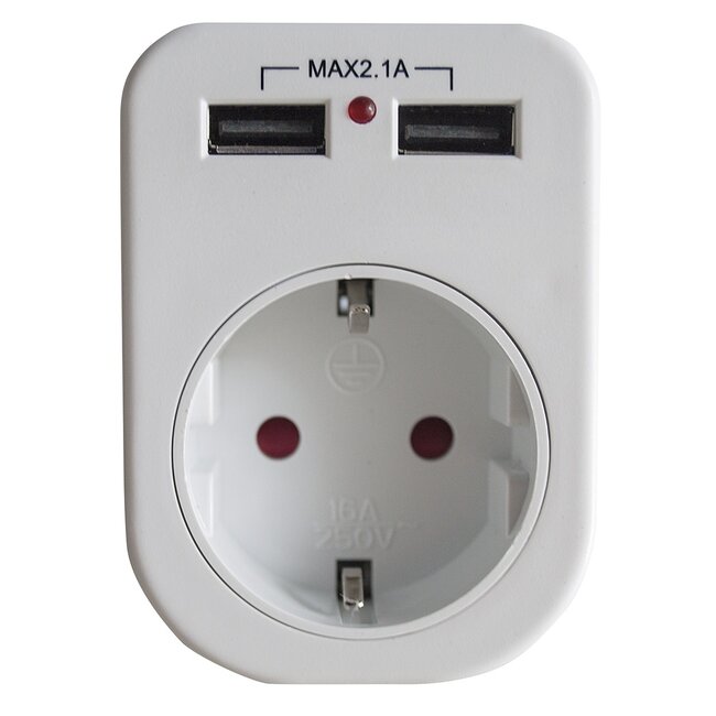 Durchgangsstecker mit USB-Ladegerät - 1 Kontakt + 2 USB-A Anschlüsse - kompakt - 2,1A / weiß
