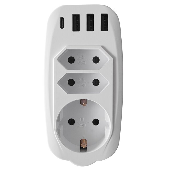 Durchgangsstecker mit USB-Ladegerät - 3 Kontakte + 4 USB-A/USB-C Anschlüsse - 3,1A / weiß