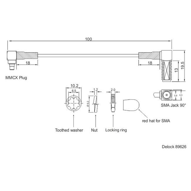 MMCX (m) rechtwinklig - SMA (w) rechtwinklig Kabel - Mini Koax (1,37 mm) - 50 Ohm - 0,10 m