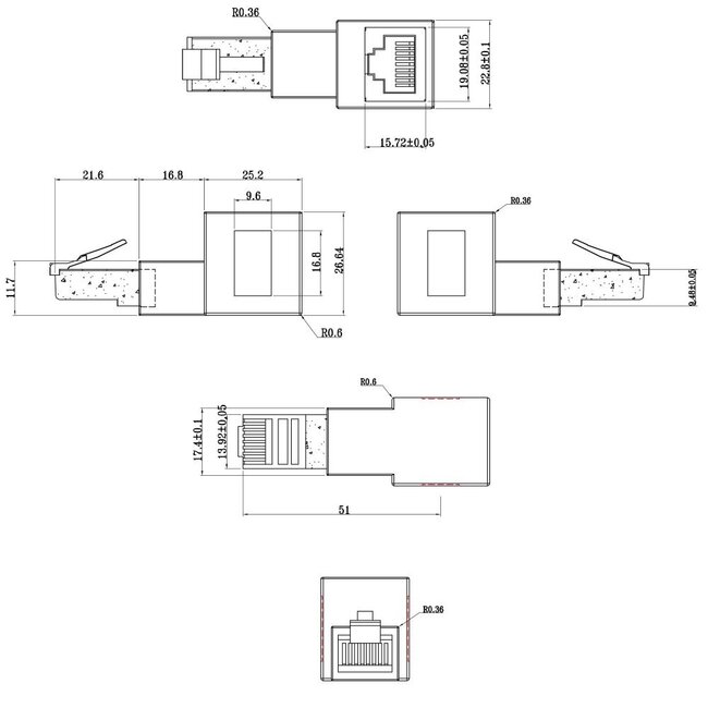 STP CAT6a 10G RJ45 Winkeladapter - Abgewinkelt Nach Unten / Schwarz