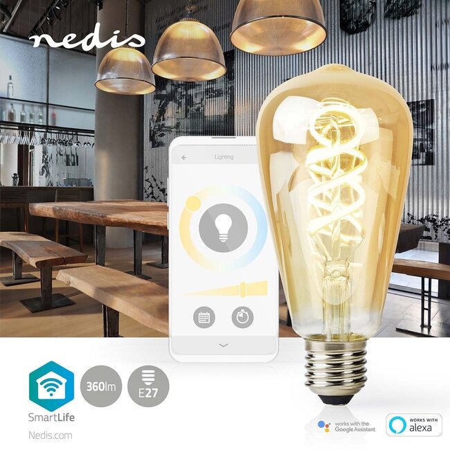 Nedis SmartLife Wi-Fi LED-Filamentlampe E27 ST64 Form Warm- bis Kaltweiß (Gold/Glas)