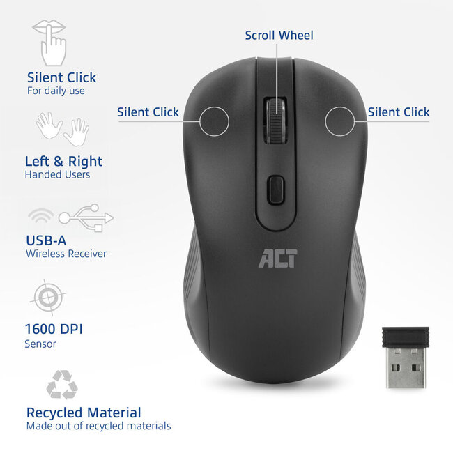 ACT kabellose USB-Maus mit 4 Tasten - 800-1600 DPI / Schwarz