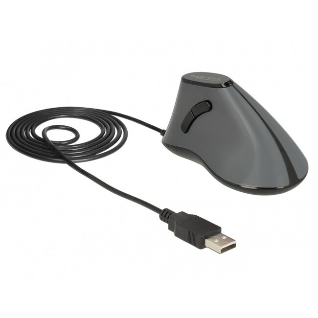 DeLOCK ergonomische kabelgebundene USB-Maus mit 5 Tasten - 1200 DPI / Schwarz/Grau - 1,6 m