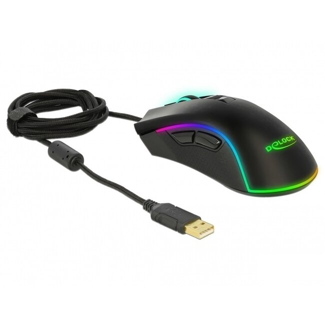 DeLOCK kabelgebundene USB Gaming-Maus mit 7 Tasten - 100-10000 DPI / Schwarz - 1,8 m