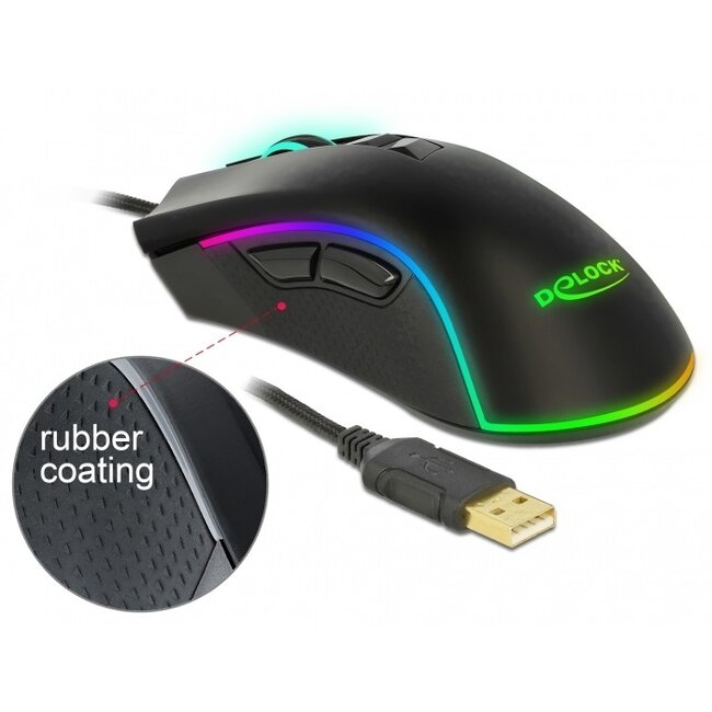 DeLOCK kabelgebundene USB Gaming-Maus mit 7 Tasten - 100-10000 DPI / Schwarz - 1,8 m