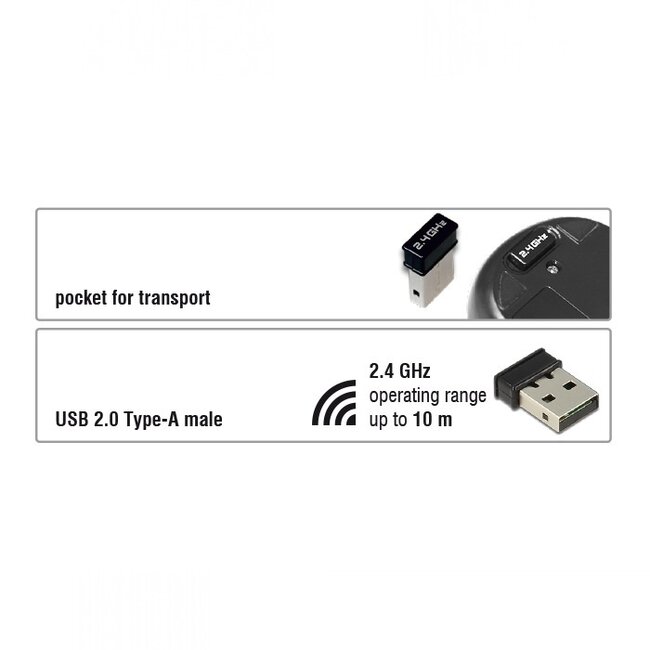 DeLOCK kabellose USB-A Mini-Maus mit 3 Tasten - 1000 DPI / Schwarz