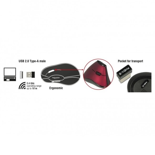 DeLOCK ergonomische kabellose USB-Maus mit 5 Tasten - 1000 DPI / Schwarz/Rot