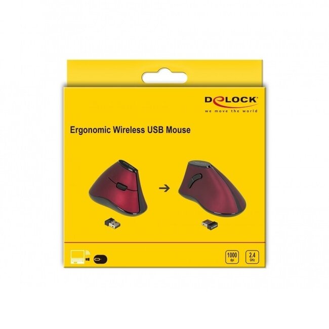 DeLOCK ergonomische kabellose USB-Maus mit 5 Tasten - 1000 DPI / Schwarz/Rot