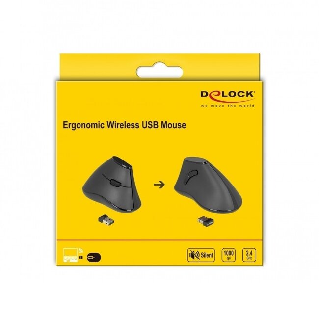 DeLOCK Ergonomische Kabellose USB-Maus mit 5 Tasten, 1000 DPI – Schwarz