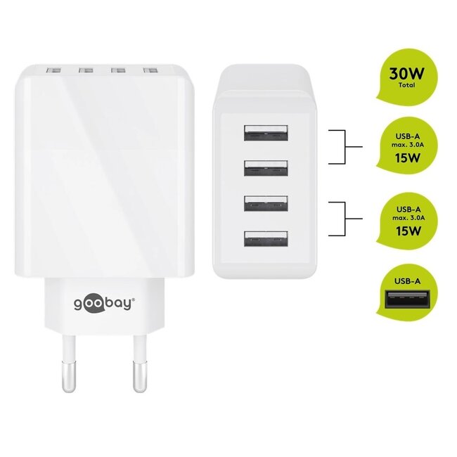 Goobay USB Heimladegerät 4 Ports - Smart IC - 6A / Weiß