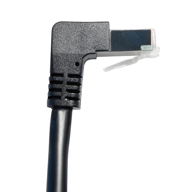 S/FTP CAT6a 10-Gigabit Netzwerkkabel 90° nach unten / gerade / schwarz - 0,50 m