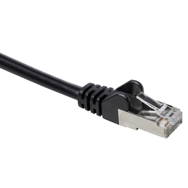 S/FTP CAT6a 10-Gigabit Netzwerkkabel 90° nach unten / gerade / schwarz - 0,50 m
