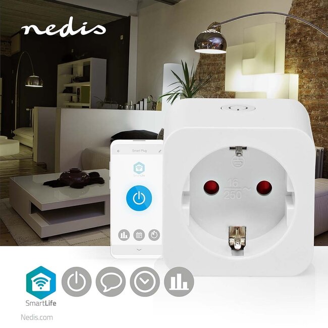 Nedis SmartLife WLAN-Steckdose mit Strommesser und Schalter - 1-fach - max. 16A - Weiß