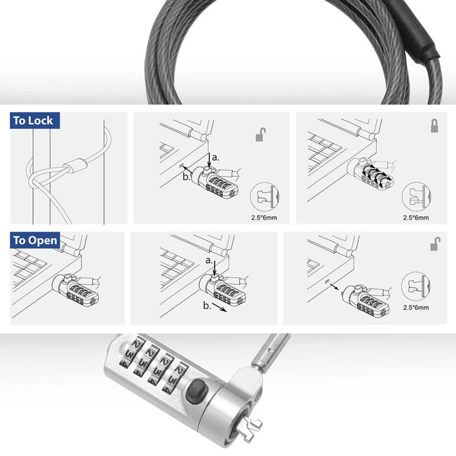 ACT Notizbuchschloss mit Zahlencode - Nano Schloss (2,5 x 6 mm) / Silber - 2 Meter