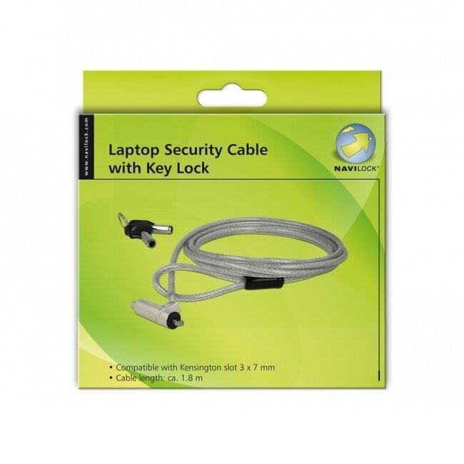 Navilock Kompaktes Notebook-Schloss mit Schlüsseln - Kensington Lock (3 x 7 mm) / Silber - 1,8 m