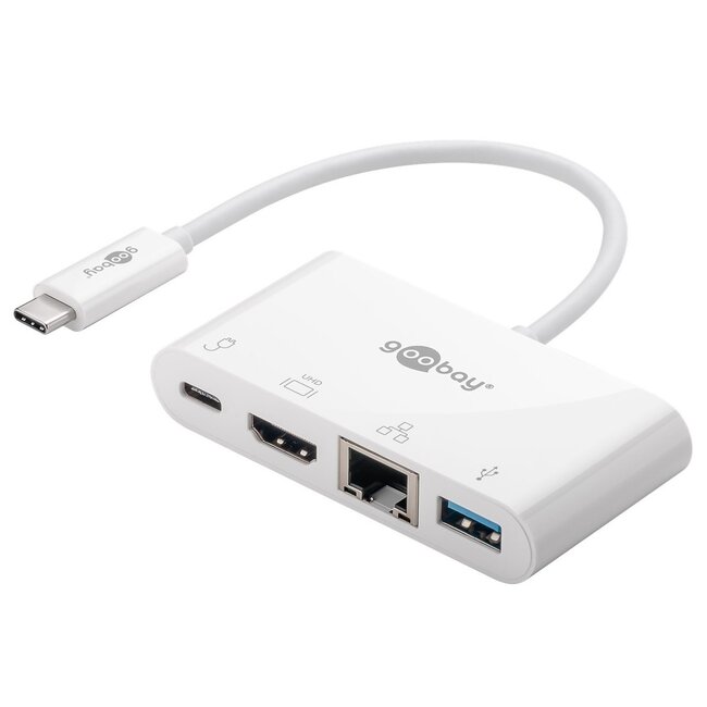Goobay USB-C auf HDMI 4K 30Hz, USB-A, USB-C PD 60W & RJ45 Adapter, Weiß - 0,15 m