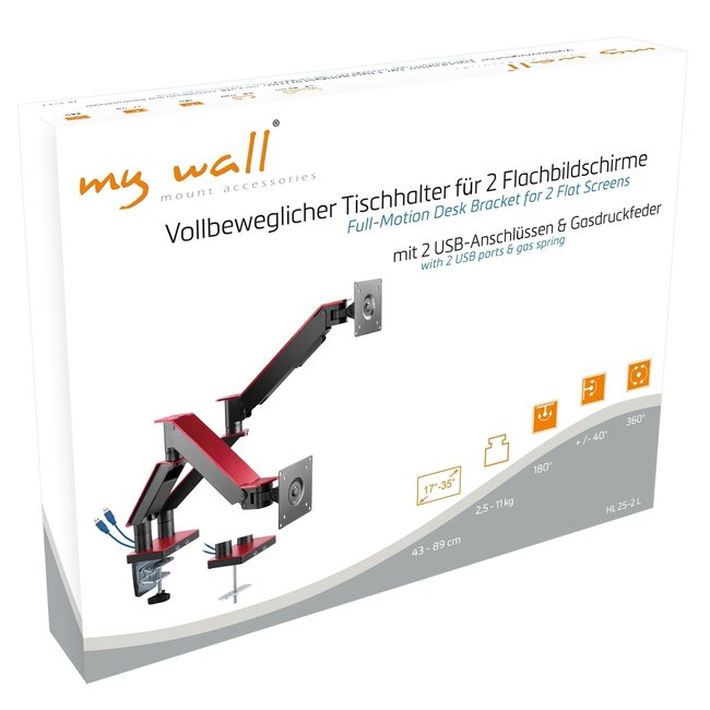 My Wall Schwenkarm für 2 Monitore bis 35 Zoll / interaktiv / 2 USB-Anschlüsse / schwarz/rot