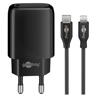 Goobay USB-C PD 20W Heimladegerät mit 1 Port und separatem 8-Pin Lightning-USB-Kabel, 1 m, schwarz