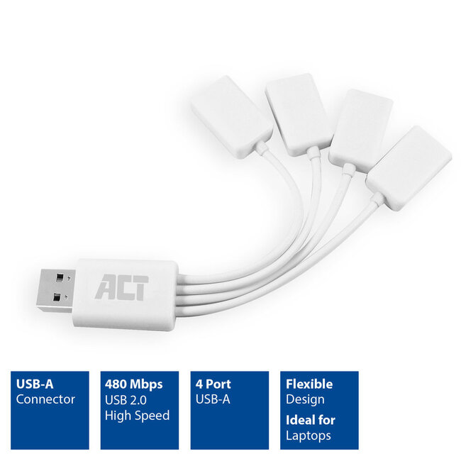 ACT flexibler USB-Hub mit 4 Ports - USB 2.0 - busbetrieben / weiß - 0,10 m