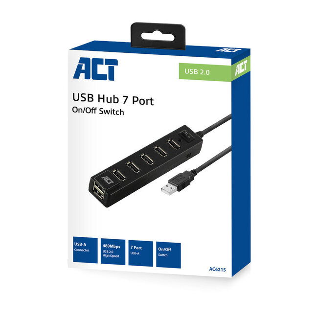 ACT USB-Hub 7 Ports mit Ein-/Ausschalter - USB 2.0 - busbetrieben - schwarz - 0,65 m