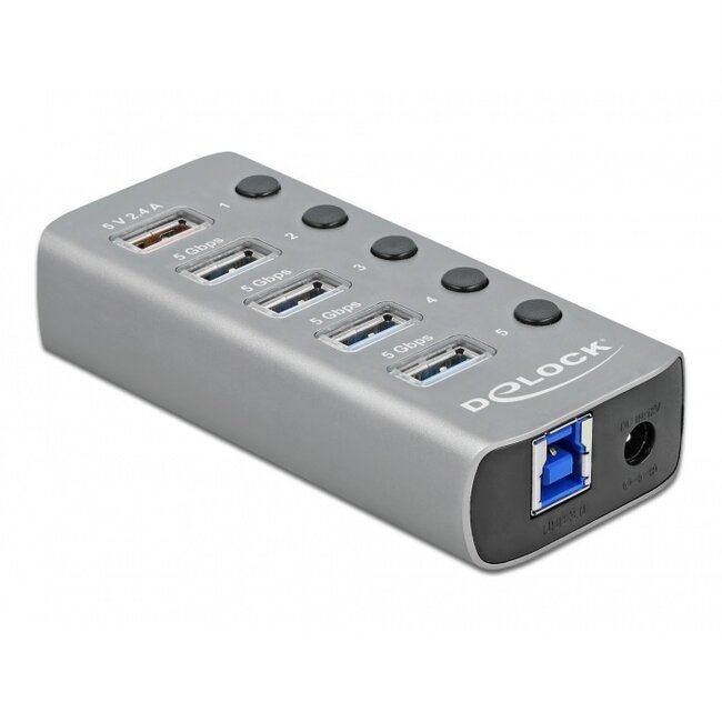 DeLOCK USB-Hub 4+1 Ports mit Ein/Aus-Schaltern - USB 3.0 - Externes 12V Netzteil / Grau - 0,80 m